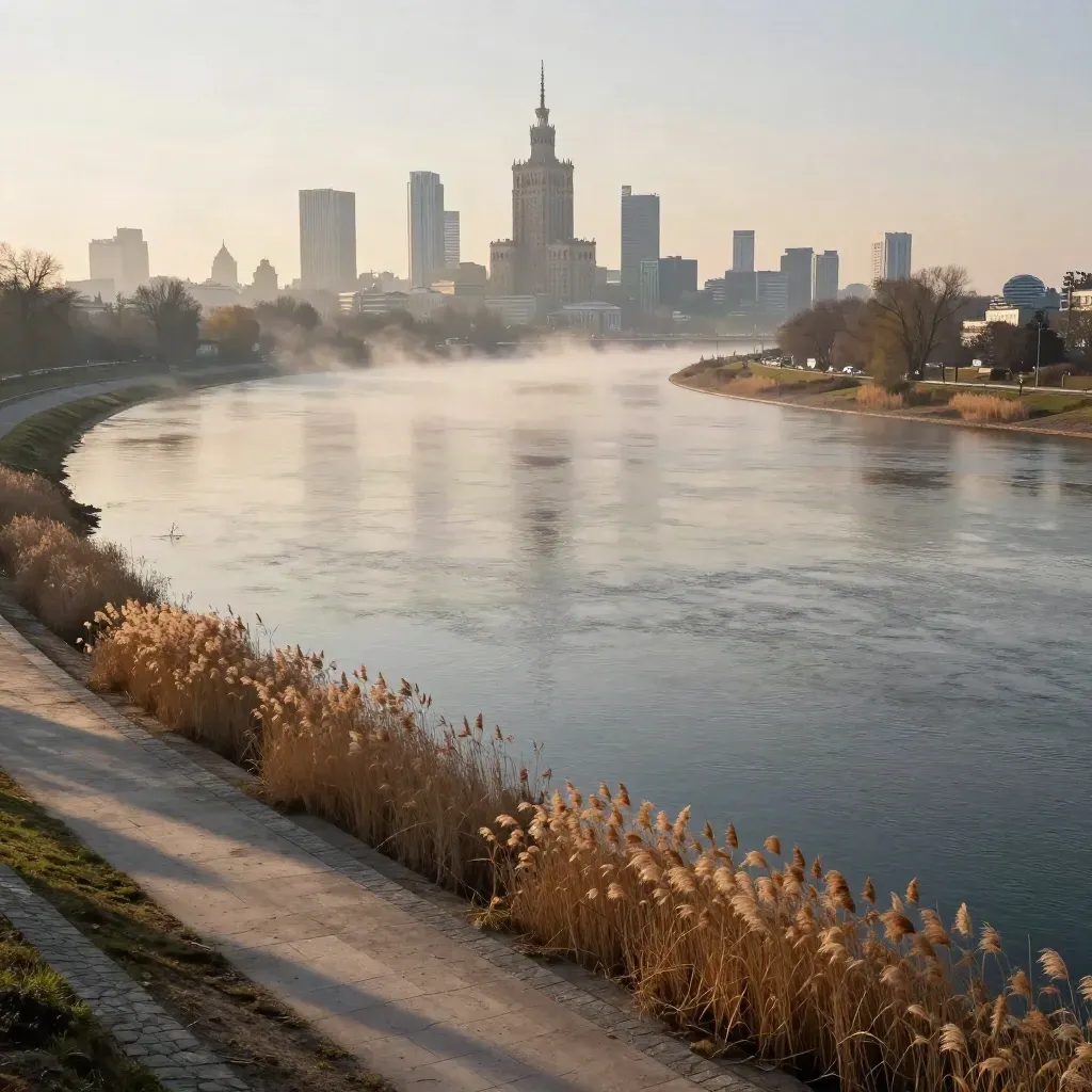 Warszawa nad zakolem Wisły we mgle, ciepłe złote światło i spokojny brzeg