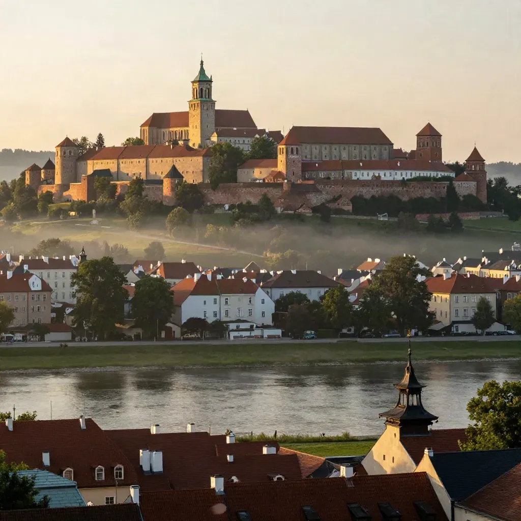 Panorama Krakowa z Wawelem nad spokojną Wisłą w ciepłej mgle.